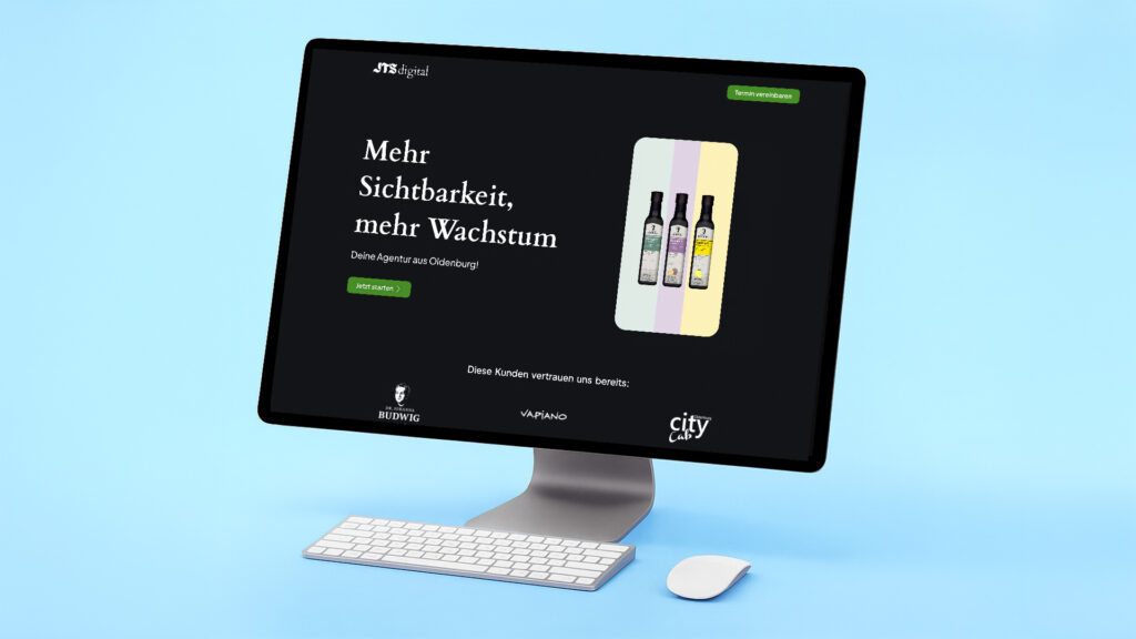iMac-Mockup auf hellblauem Hintergrund: Monitor zeigt die Landingpage von JTS digital einer Agentur aus Oldenburg