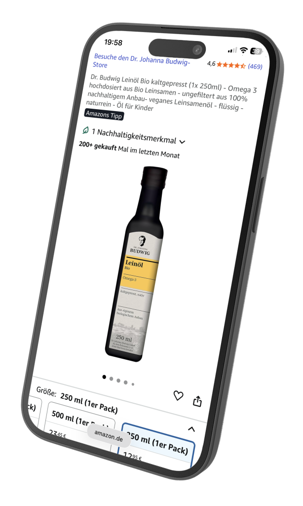 Dr. Johanna Budwigs Produktseite von Leinöl auf Amazon