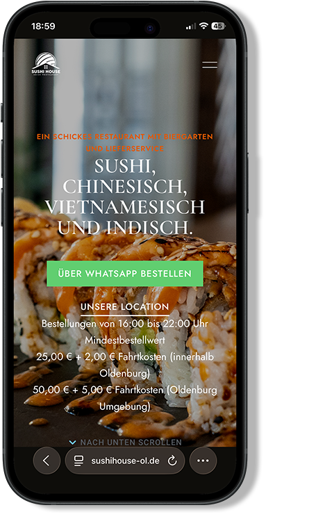 Startseite der Webseite von Sushi House auf IPhone designed durch JTS digital