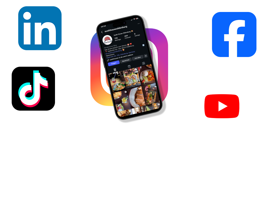 IPhone mit Instagram offen liegt dem Instagram Logo daneben andere Logos Sozialer Medien