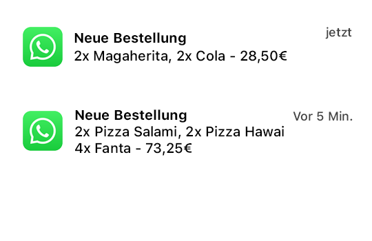 zwei Benachrichtigungen von Whatsapp in denen über eine neue eintreffende Bestellung eines Restaurants informiert wird